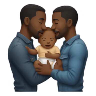 Two black gay men kissing with a baby sticker