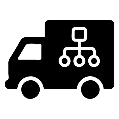 minimalistic icon for Supply Chain Experience with a stylized delivery truck, solid black filled, very simple and clear sticker