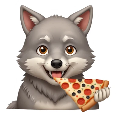 a sitting surprised grey wolf eating a piece of pizza emoji sticker