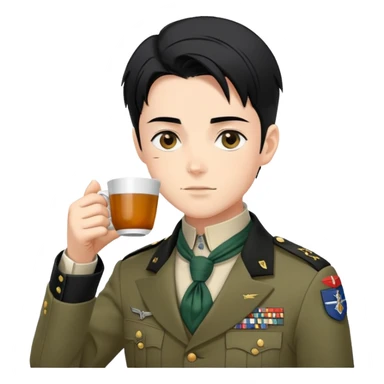 Levi Ackerman drinking tea, with black undercut hair, Scout Regiment uniform and cravat sticker