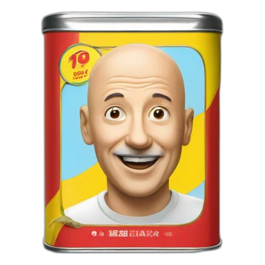 rectangular tin of anchovies with a photo of a bald man on the side, red blue yello colors sticker