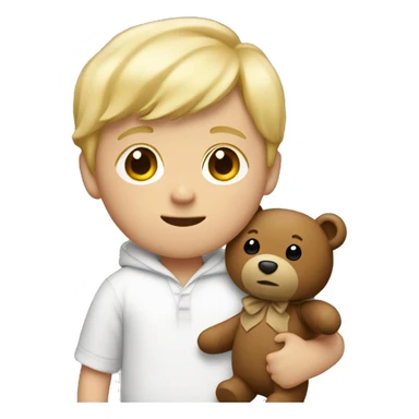 A little white boy with blond hair, in brown pajamas with a teddy bear in his hands sticker