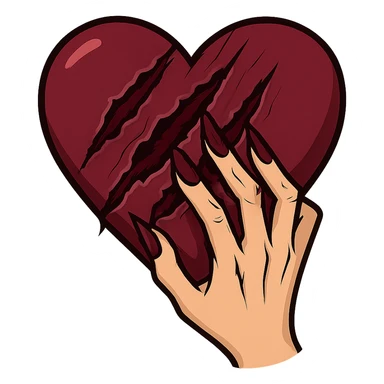женская рука с маникюром вгоняет когти в винного цвета сердце и сильно раздирает царапает его (пальцы полусогнуты ногти вогнаны в царапины) рисованный стиль, ориентируйся на референсы по стилю и по уровню разодранности серца sticker