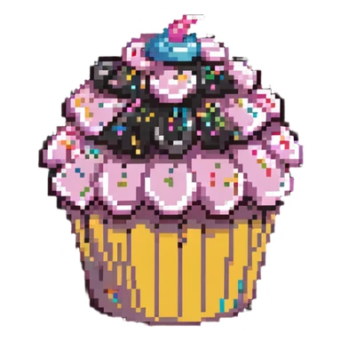 giant cupcake with pink icing and colorful sprinkles in pixel art style sticker