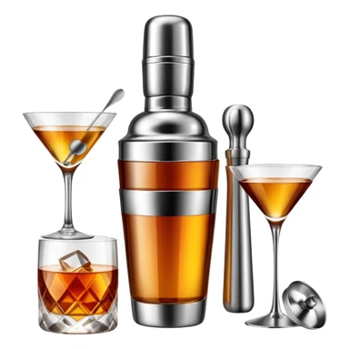 bar items set including cocktail shaker, wine glasses, whiskey bottle sticker