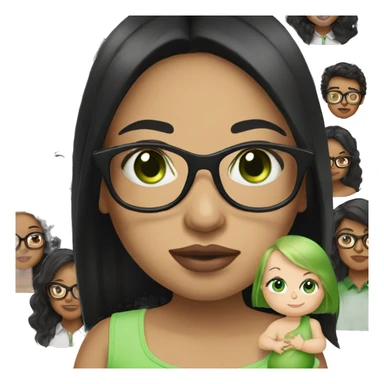 Black long straight hair, green eyes and glasses, big lips white girl holding one year old green eyes white baby boy sticker