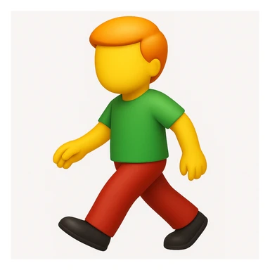 Make a more emoji-like image that looks exactly like the reference: walking man, no face, orange hair, green shirt, moderate red pants, black shoes, 3D iOS emoji style. Add a subtle highlight to the hair. sticker