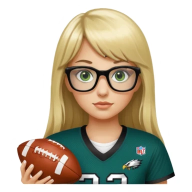 long blonde hair with bangs black rectangle glasses female green eyes football player wearing eagles jersey number 33 holding football sticker