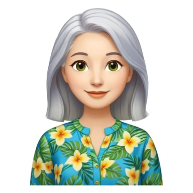A woman with light complexion, an oval face with soft rounded features, full cheeks, gentle almond-shaped eyes with subtle smile lines, very long silver-gray hair parted to the side and styled loosely, wearing a vibrant tropical print blouse in blue, green, and yellow, exuding warmth and joy sticker