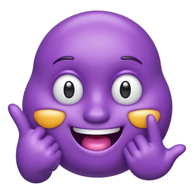 "A glossy 3D purple emoji character with shiny, reflective surface, puffed cheeks as if holding in laughter, eyes squinting mischievously, white cartoon hands — one covering its mouth and the other pointing upward with the index finger. Cute, exaggerated facial expression, smooth rounded shape,  sticker
