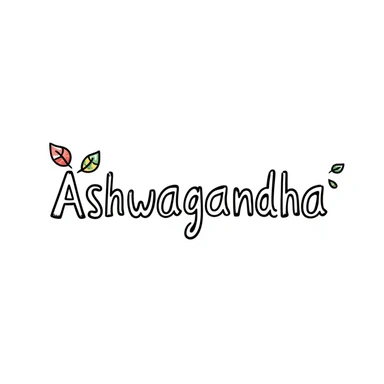 The word "Ashwagandha" hand-drawn in white text with a dark background and just a few colorful accents. Simple doodle style with minimal decoration. sticker