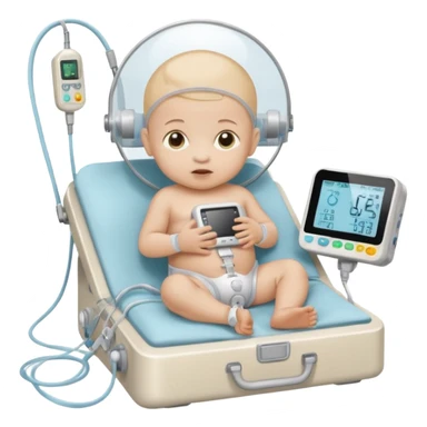 NICU tiny microprem baby in isolette with monitoring attached. sticker