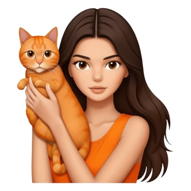 brunette Kendall Jenner with long hair holding on the hands Orange cat sticker