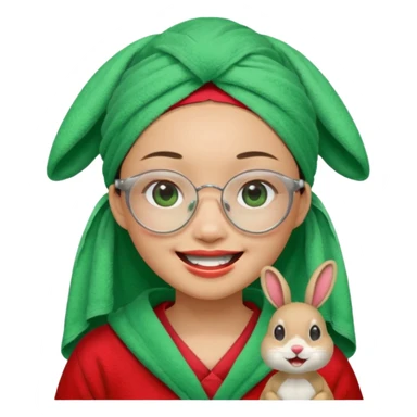 Asian woman wearing a green towel in her head with a broken glasses on her face in red pajamas her smile with rabbit front teeth and the cloth should be red sticker