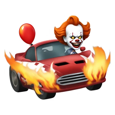 pennywise driving a race car with flames in the background sticker