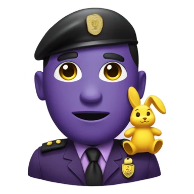 Purple man with black eyes and a smile  a purple security guard outfit with a dark tie and a yellow rabbit pin on his shirt sticker