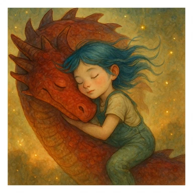 A dreamy, ethereal illustration of a young girl peacefully sleeping on the long, curved neck of a red dragon, cheek to cheek. Her blue hair flows gently as if caught in a soft breeze, and she wears delicate green overalls. The dragon’s skin has intricate, painterly textures, glowing subtly under the warm, golden light. Tiny fireflies and soft, ambient light enhance the magical atmosphere. Highly detailed, whimsical, children's book illustration style, with soft yet rich colors, gentle lighting, and a fantasy storytelling feel. Watercolor-like textures, hand-painted aesthetics, cinematic composition. sticker