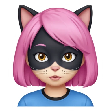 Black cat wearing a pink hair wig, blue T-shirt sticker