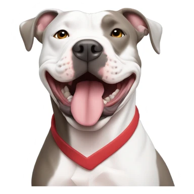 large gray male pit bull smiling and hugging bald white mature man no beard blue eyes with red tshirt sticker
