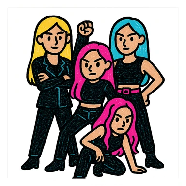 a kpop group, sleek black outfits, powerful pose, pop colors style sticker