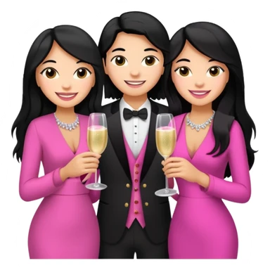 3 besties with professional glammed up looks wearing pink, medium skin tone smiling big with black long hair  sticker