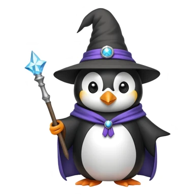 Penguin wearing a wizard hat and robe, holding a magic wand sticker