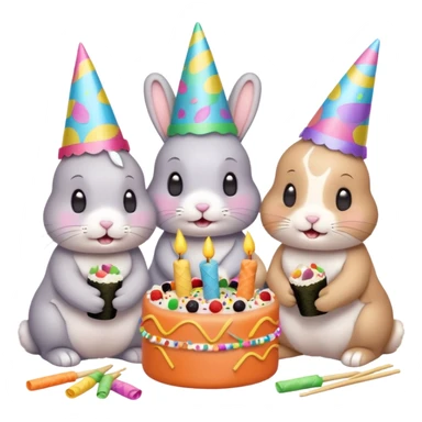 four bunnies together eating sushi at a birthday party, pastel colors, cute, party hats, streamers, confetti, sushi, birthday cake, festive, varied arrangement, emoji style, all four bunnies clearly visible sticker