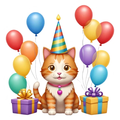 Ginger cat celebrates birthday, birthday hat, birthday cake, balloons, happy, gifts sticker