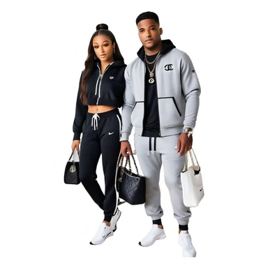 Man living his dream standing in the master bedroom of a mansion. He’s boo’d up with a pretty Brownskin big booty woman wearing a Chanel outfit with her holding a Chanel bag. The man has on a Nike Tech Fleece sweatsuit. The man isn’t holding a bag sticker