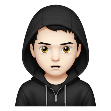 Vampire boy with the short black hair, pale scin, black eyes, little fangs and dark circles under his eyes. He has serious face and he wear a black hoodie sticker