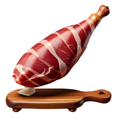 _cinematic-realistic-spanish-ham-leg,-depicted-as-a-massive,-cured-leg-of-jamón-serrano-(ham)-with-a-deep-reddish-brown-hue on the outside,-intricately-marbled-and-slightly-glossy-with-age,-elegantly-displayed-on-a-rustic-wooden-stand-and-bathed-in-warm - jamon prosciutto sticker