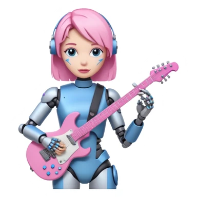 a cyper robot carry her note and electric guitar and try to change the world with pink and bluecolor sticker