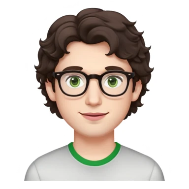 Young man with dark brown slightly wavy poofy hair (just a bit of curl, not too curly), green eyes wearing glasses, wide face with eyes set apart, bigger ears, very pale skin, slightly bigger nose, fuller darker pink lips with a smile, and very light stubble sticker