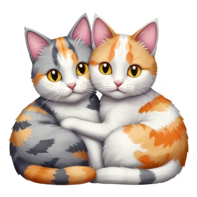 grey and white cat cuddling a colourful light patched calico + white tabby cat sticker
