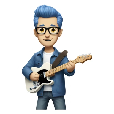 A nerdy white guy with glasses with short brown hair with a small quiff playing a blue classic telescaster sticker