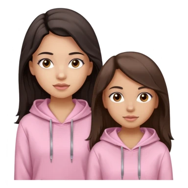 A pretty girl with light skin and long straight black brown hair, wearing a very light pink basic hoodie with brown eyes and makeup and a round face with another girl who is taller with an oval face, tan skin and very wavy brown hair, and a light pink basic shirt sticker
