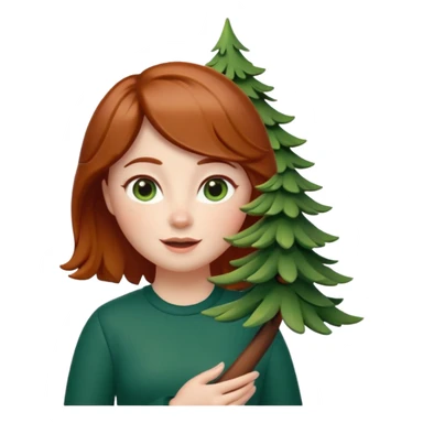 Style memoji iphone. Un petit sapin vert sylvestre, féminin, regard malicieux, tâches de rousseurs délicates, joues roses. Yeux de biche brillants en forme amande, yeux couleur ambre, tronc couleur acajou. Sapin en mouvement, incurvé pour un effet vivant. sticker