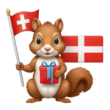 squirrel holding a present and a Swiss flag, both objects large and clear, simple white background sticker