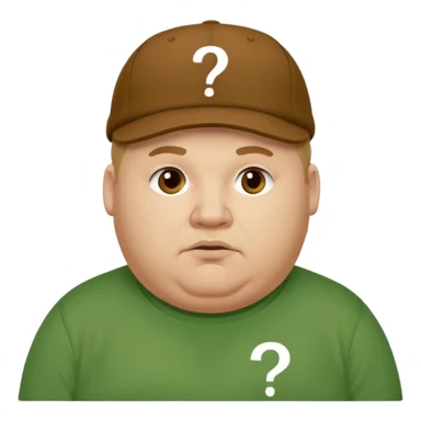 fat man with brown cap and green t shirt printeed a question mark sticker