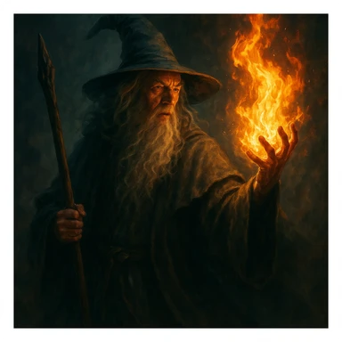 Gandalf wizard conjuring fire, dramatic lighting, mystical atmosphere, epic pose sticker