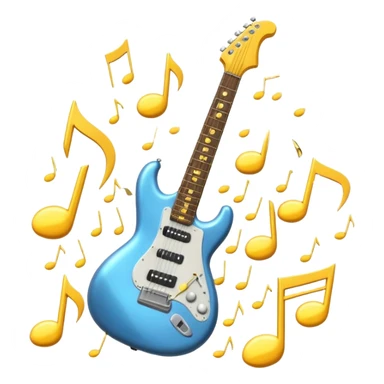 A 3D Apple-style emoji of a bold “ROCK” text written in shiny metallic letters, with an electric guitar leaning on the text, surrounded by small music notes and lightning bolts, energetic and powerful rock music vibe sticker