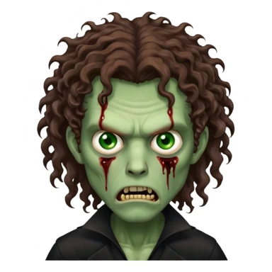 long curly haired male zombie with brown hair color and green eye color, with dark vampire clothes and angry face emotion sticker