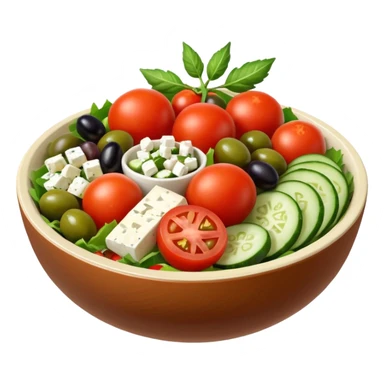 mediterranean salad bowl object icon, tomatoes, cucumbers, olives, feta cheese, olive oil dressing, 3D cartoon, mobile game icon style, clean background, no text, no watermark
 sticker