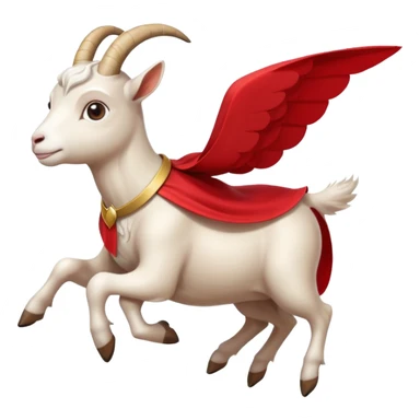 side view of white female goat wearing a read cape like superman sticker