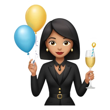Emoji-style illustration of a funny woman in black funeral outfit holding a prosecco glass, balloon with number 29, ironic birthday funeral theme, playful expression, flat emoji design, pastel tones, high resolution sticker