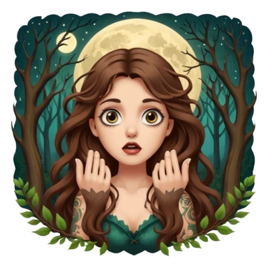 shocked forest mystic woman long wavy brown hair tattoos wide eyes moon glow sticker