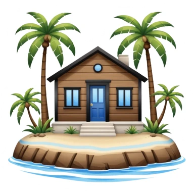 A full square no roof  white and blue stripe house horizontally with brown wooden door on a island with palm trees  sticker
