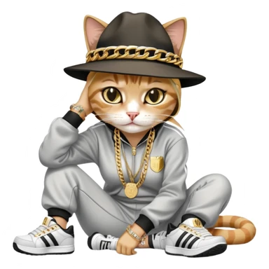 female cat lying down horizontally on the ground, crying, wearing Run DMC hip-hop outfit with tracksuit, fedora, Adidas sneakers, many gold chains, rings, bracelets, flashy earrings, no sunglasses sticker