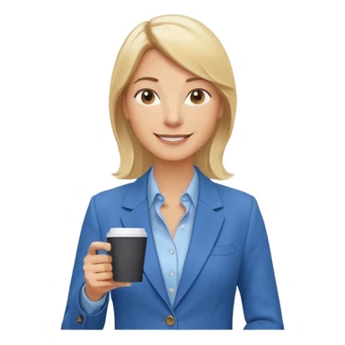 Confident and outgoing female entrepreneur, Caucasian features, shoulder-length blonde hair, big friendly smile, expressive eyes, wearing a blue blazer over a light blue blouse, holding a smartphone in one hand and a coffee cup in the other, waist-up, front-facing sticker