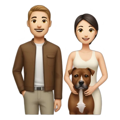 man and Chinese lady with brown Staffordshire terrier dog sticker